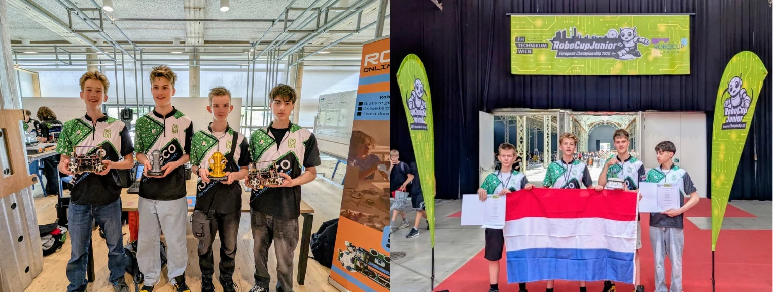 Links: de pilotgroep met robots en prijzen na het NK RoboCupJunior. Rechts: de leerlingen met de Nederlandse vlag en prijzen op het EK.